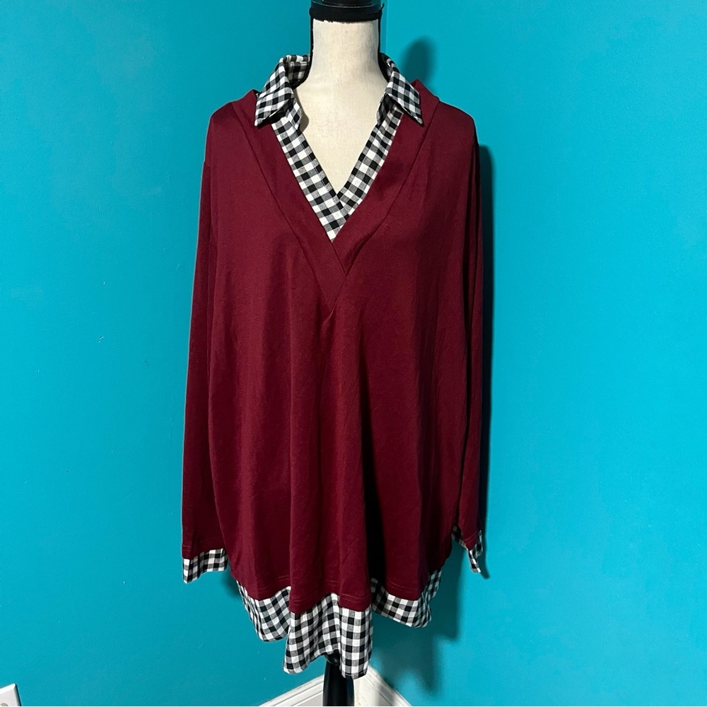 NWT BloomChic 28 Red Black Plaid Collared Layered Long Sleeve Top